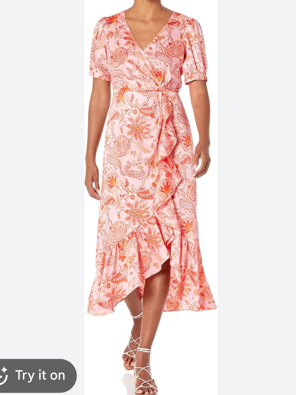 cinq a sept pink and coral floral high-low dress ruffle trim